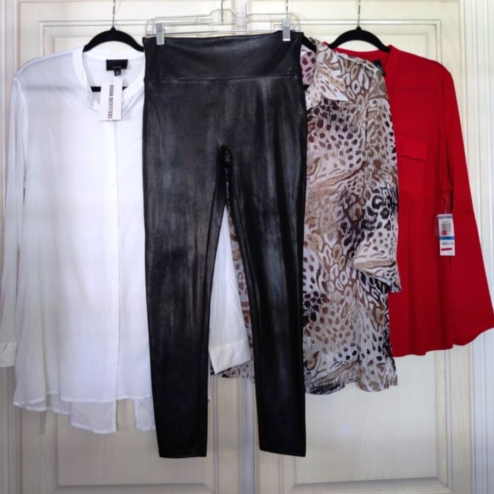 Spanx Faux Leather Leggings, Animal Print, White, Red Tops, 4 Piece, Sz Large